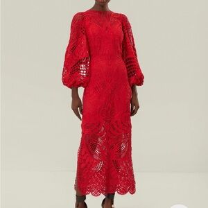 NWT FARM Rio Red Nature Guipure Midi Dress